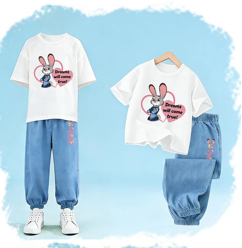 Disney Girls Summer Outfit Short Sleeve Tencel Jeans Judy Officer Blue + Bunny Running Light Blue 120 9