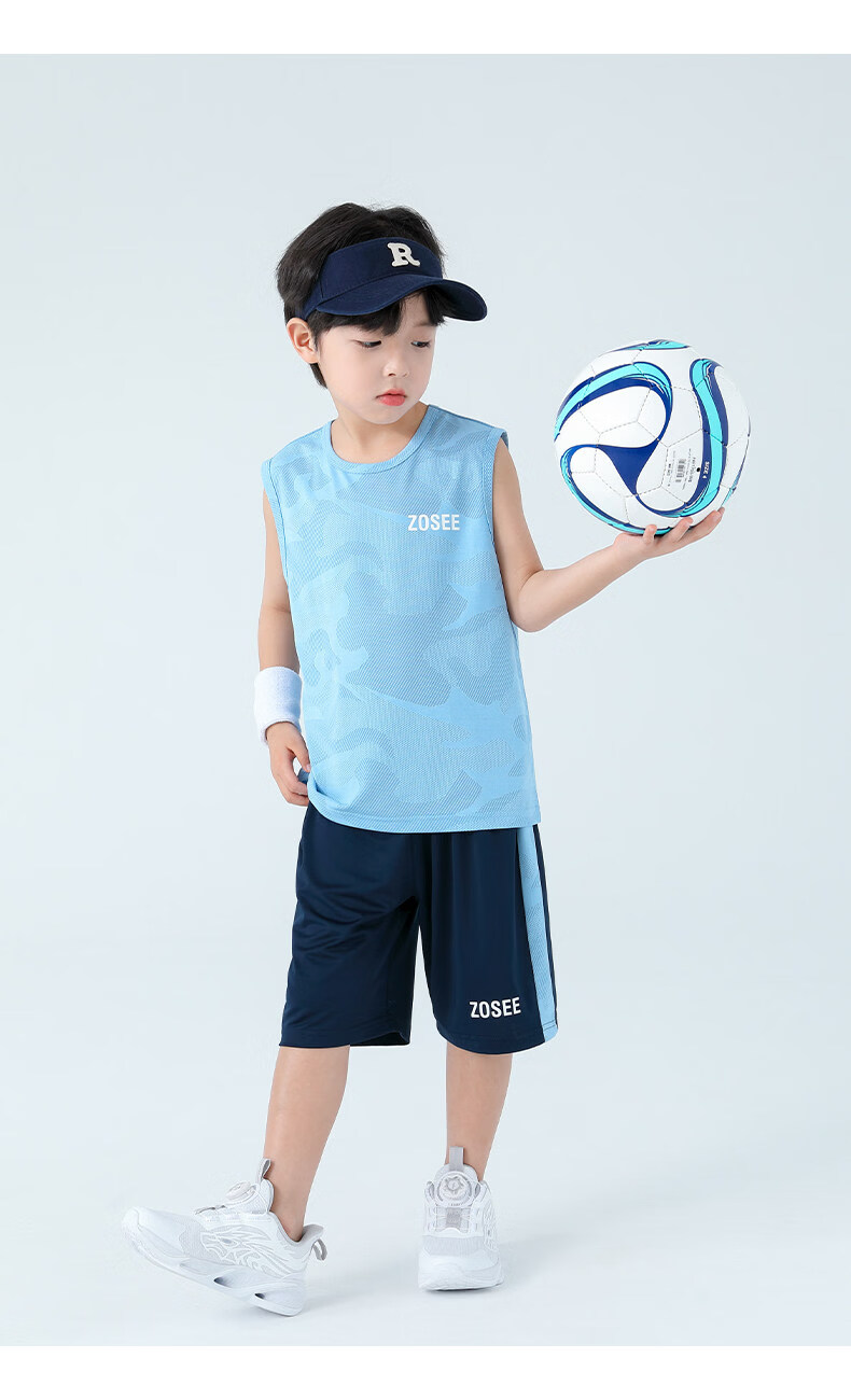 Zuoxi Boys' Summer Outfit Set, 2026 New Style Children's Short-Sleeve Set, Quick-Dry Sports Two-Piece Suit for Summer, Blue, Size 160 37