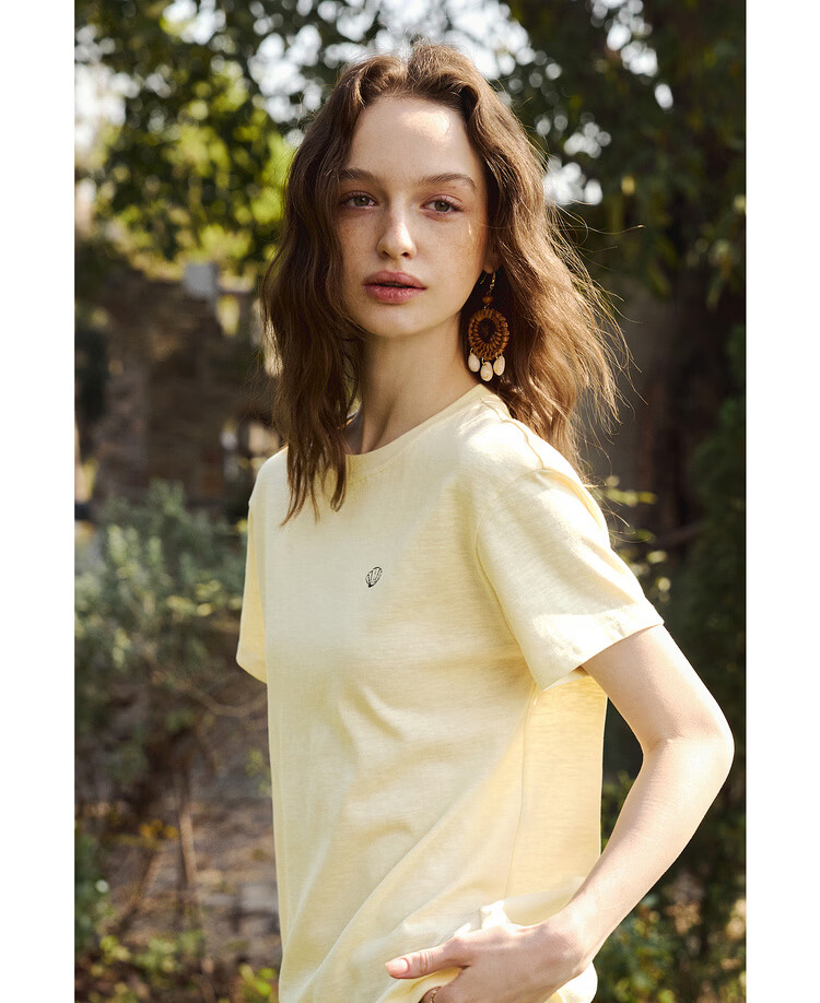 Olrain Simple Casual Embroidered Short Sleeve T-Shirt Women Summer New Loose Versatile Slim Top Yellow XL 19