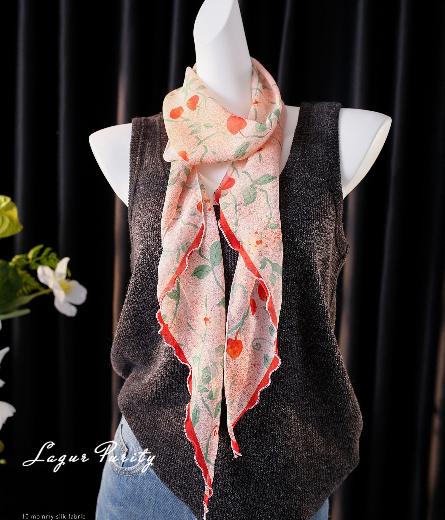 Lagur "Strawberry Dots" Sweet Feel~100% Chiffon Scarf Long Lightweight Women's Strawberry Dot Pattern 19