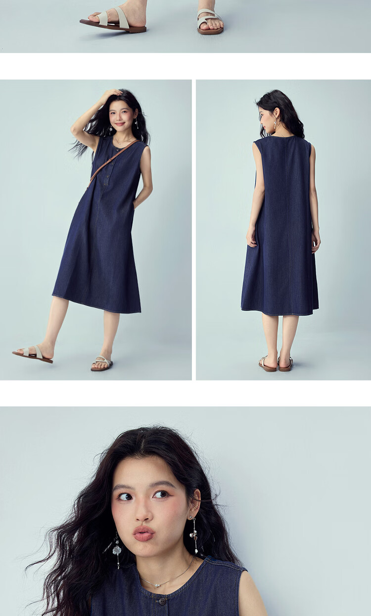 Giordano Women's Sleeveless Dress New Washed Stitching Round Neck Half-Placket Denim Vest Dress 13466278 13