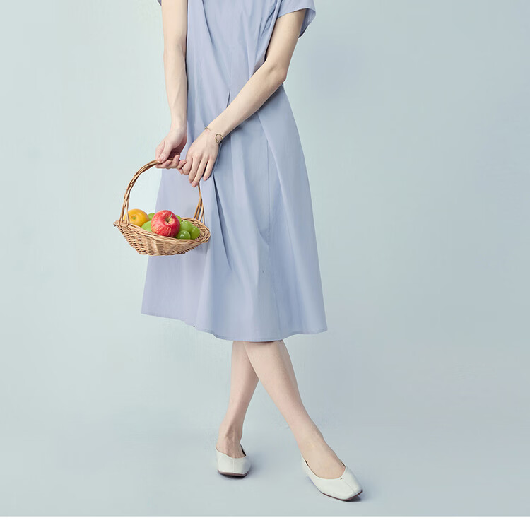 Giordano Women's Dress 2026 Summer New Pure Cotton Solid Color Round Neck Pleated Dress 13466241 16