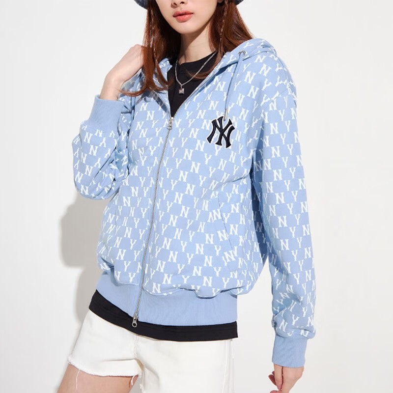 mlb 纽约洋基队 复古老花满印连帽拉链卫衣外套男女同款 浅蓝色 m
