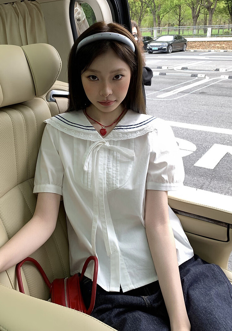 TonLion 2026 Summer Women's Short Sleeve Shirt College Style Youthful Simple Design Navy Collar Short Sleeve Shirt 2