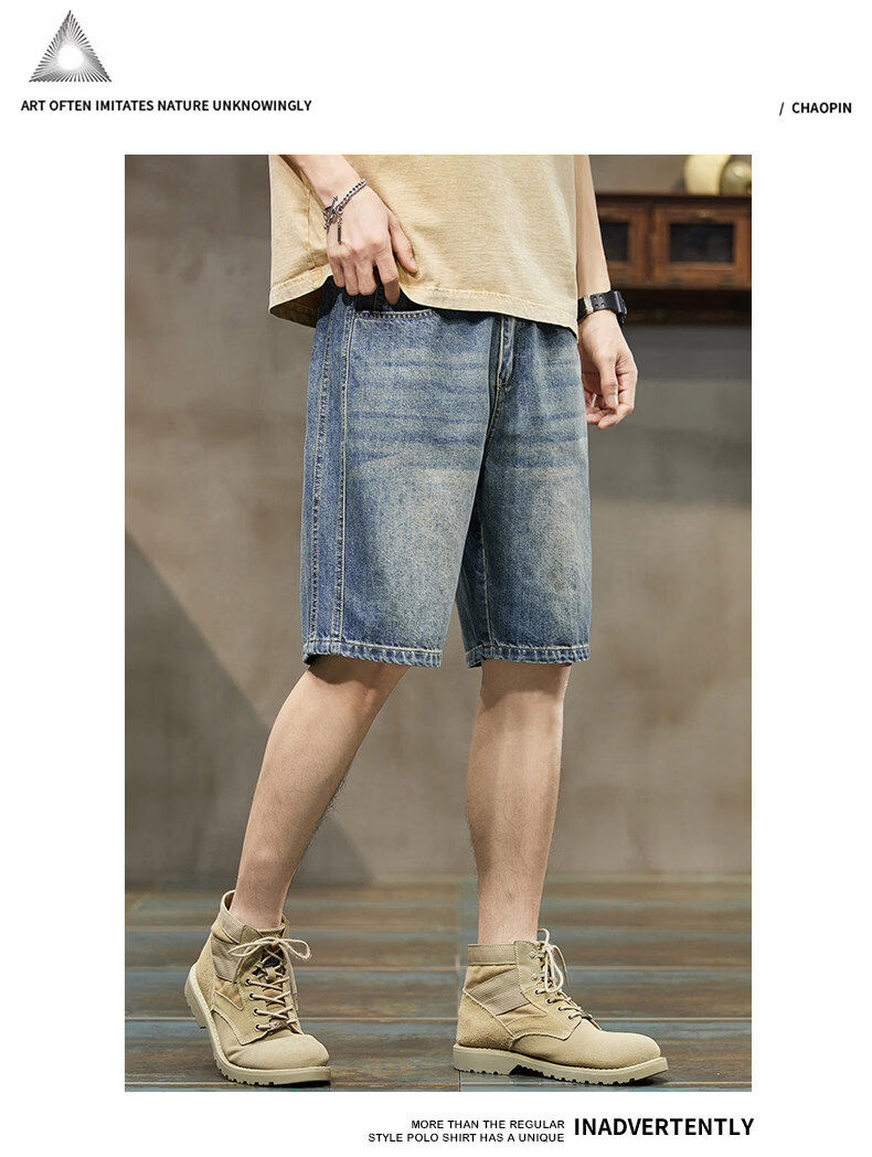 ROMON Summer 2026 New Retro American Style Men's Loose Straight-Leg Denim Shorts Blue 31 8
