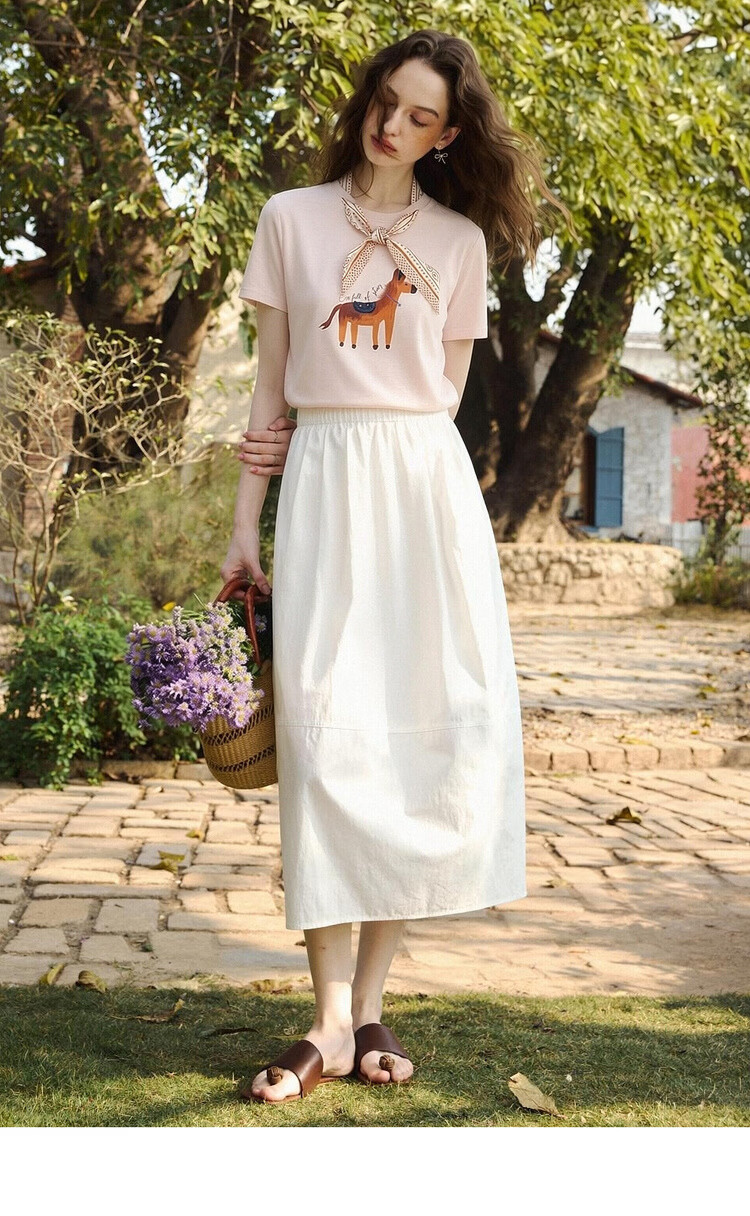Olrain Eurielle French Style Printed Silk Scarf Short Sleeve T-Shirt Women's Summer Casual Commuting Trendy Top Beige S 12