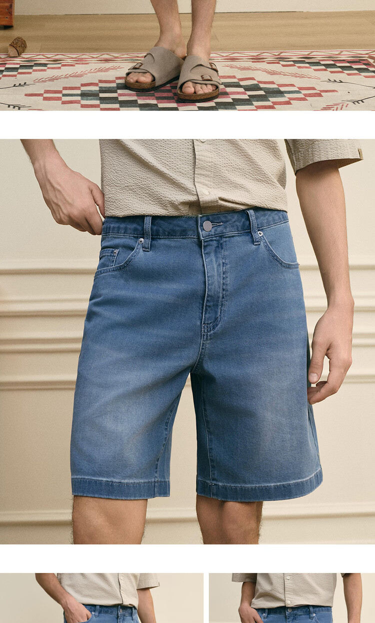Giordano G+ 2026 Summer New Acetate Cool Feeling Leather Patch Mid-Rise Straight Leg Faded Denim Shorts for Men 01106348 15