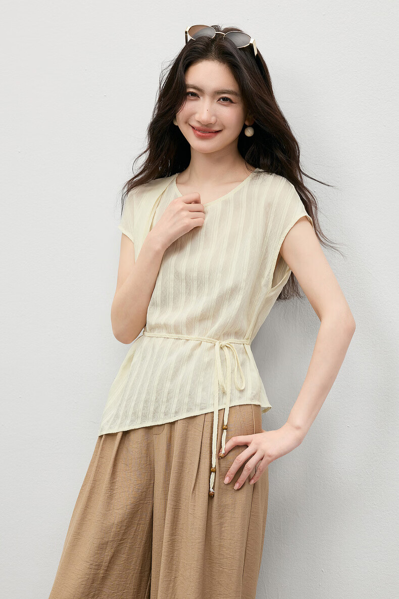 Shangdu Bila Commuter Gentle Style Round Neck T-Shirt Women Summer Vertical Jacquard Textured Loose Slim Pleated Casual Top 13