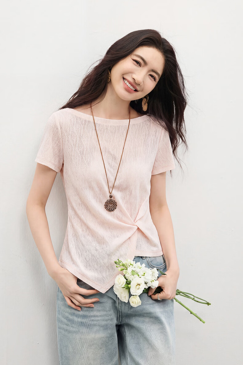Shangdubila Tailored Twist Fashion T-Shirt Women Summer Off-Shoulder Irregular Slim Fit Stretch Textured Knitwear 14