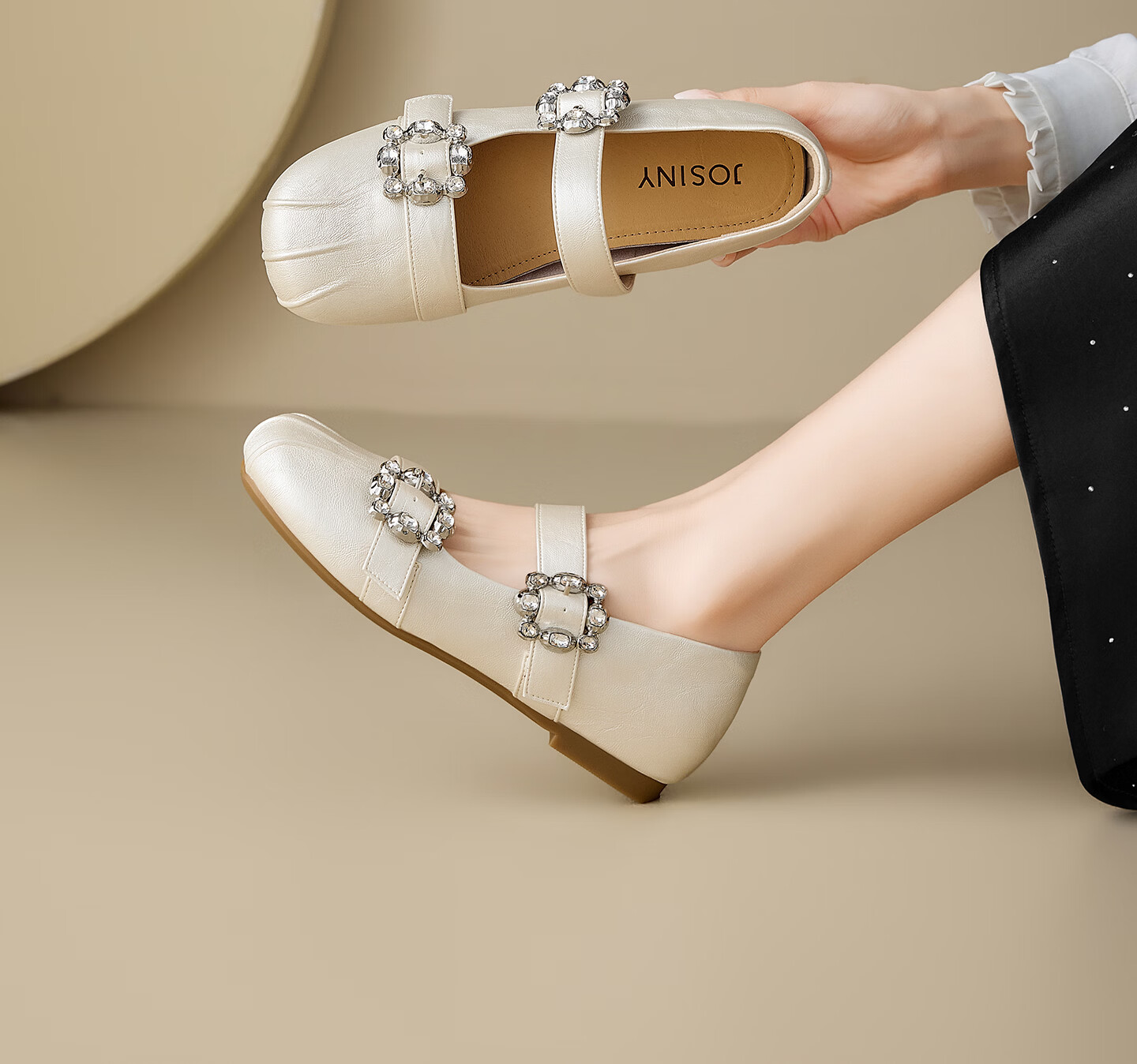 Josiny Women's Internal Height Increasing Mary Jane Shoes 2026 Summer New Shallow Thick Sole Leather Shoes with Skirt Champagne Gold Size 37 8