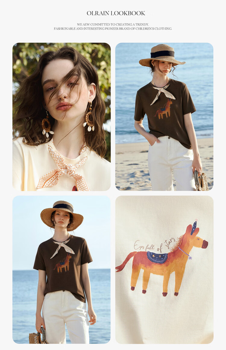 Olrain Eurielle French Style Printed Silk Scarf Short Sleeve T-Shirt Women's Summer Casual Commuting Trendy Top Beige S 6