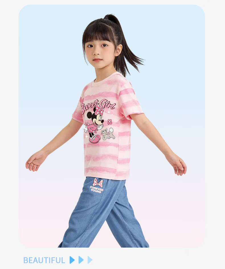 Disney Girls Summer Tie-Dye Short Sleeve Denim Mosquito-Proof Pants Set Photography Ni Purple + Winking Minnie Blue 120 16