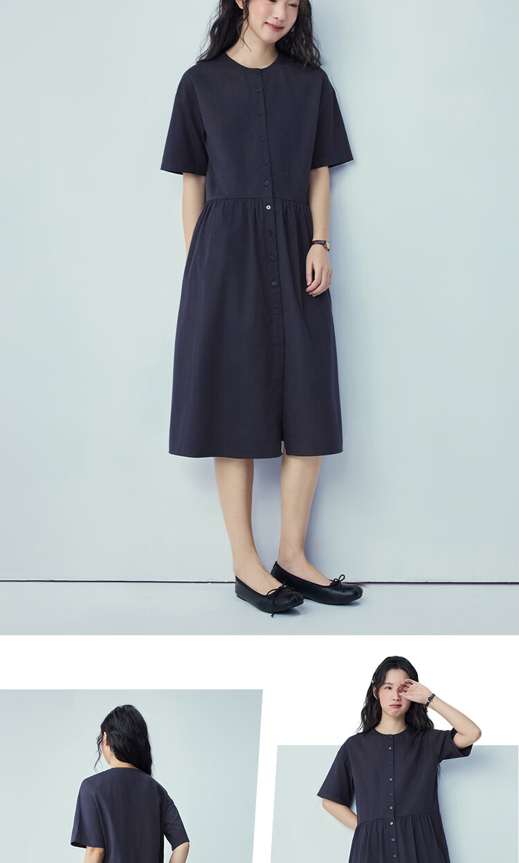Giordano Women's Short Sleeve Dress 2026 Summer Pure Cotton Solid Color Patchwork Pleated Round Neck Dress 13466230 14