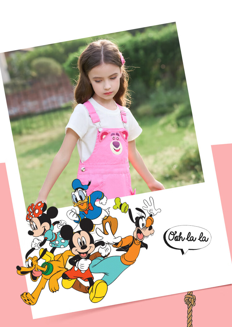 Disney Kids Girls Summer Outfit 2026 New Short Sleeve Strawberry Bear Suspender Dress Two-Piece Set for Older Children 12