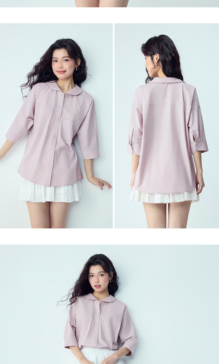 Giordano Women's Skin-Friendly Breathable Cotton Pocket Loose Doll Collar Three-Quarter Sleeve Casual Shirt 13346210 12