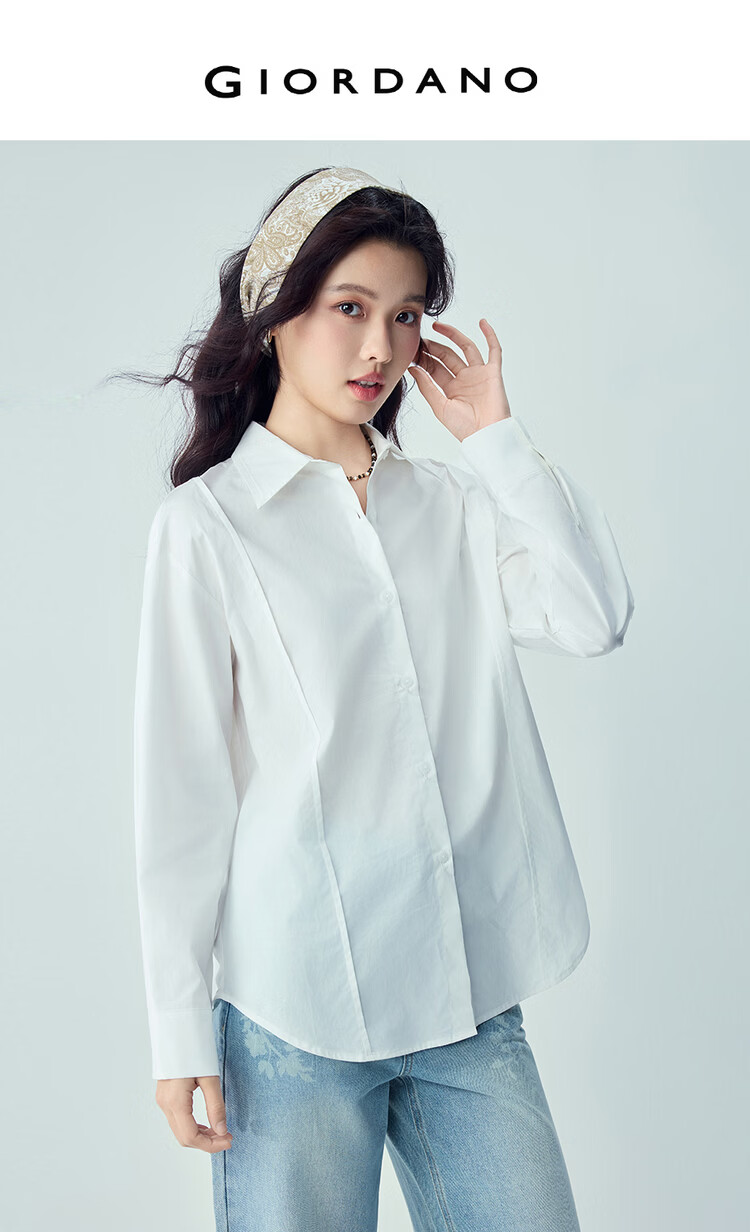 Giordano 2026 Spring New Pure Cotton Solid Color Distressed Loose Fit Casual Workwear Women's Long Sleeve Shirt 13346120 3