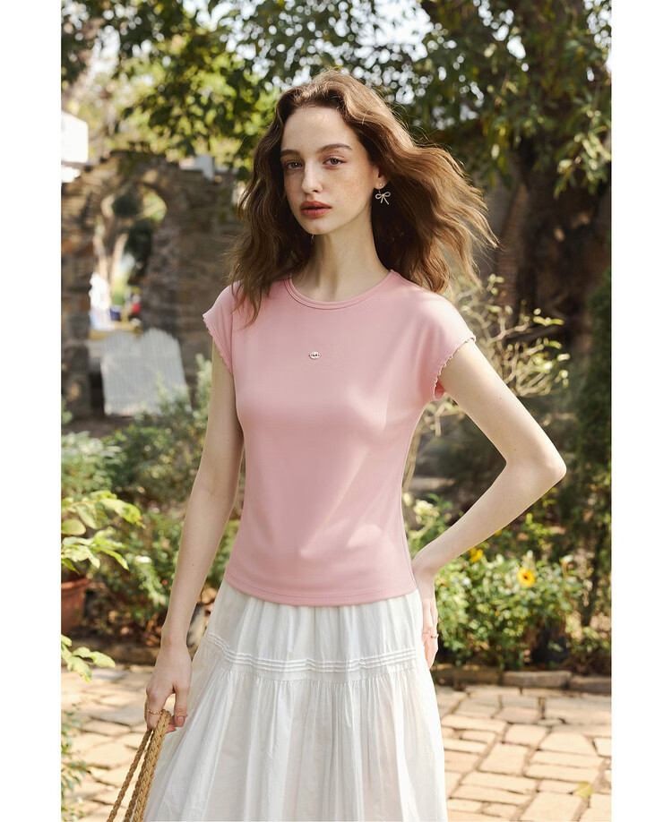 Olrain Eurier Simple Small Lace Sleeve Slim Fit Top Women New Summer Casual Short Sleeve T-Shirt Black XL 13
