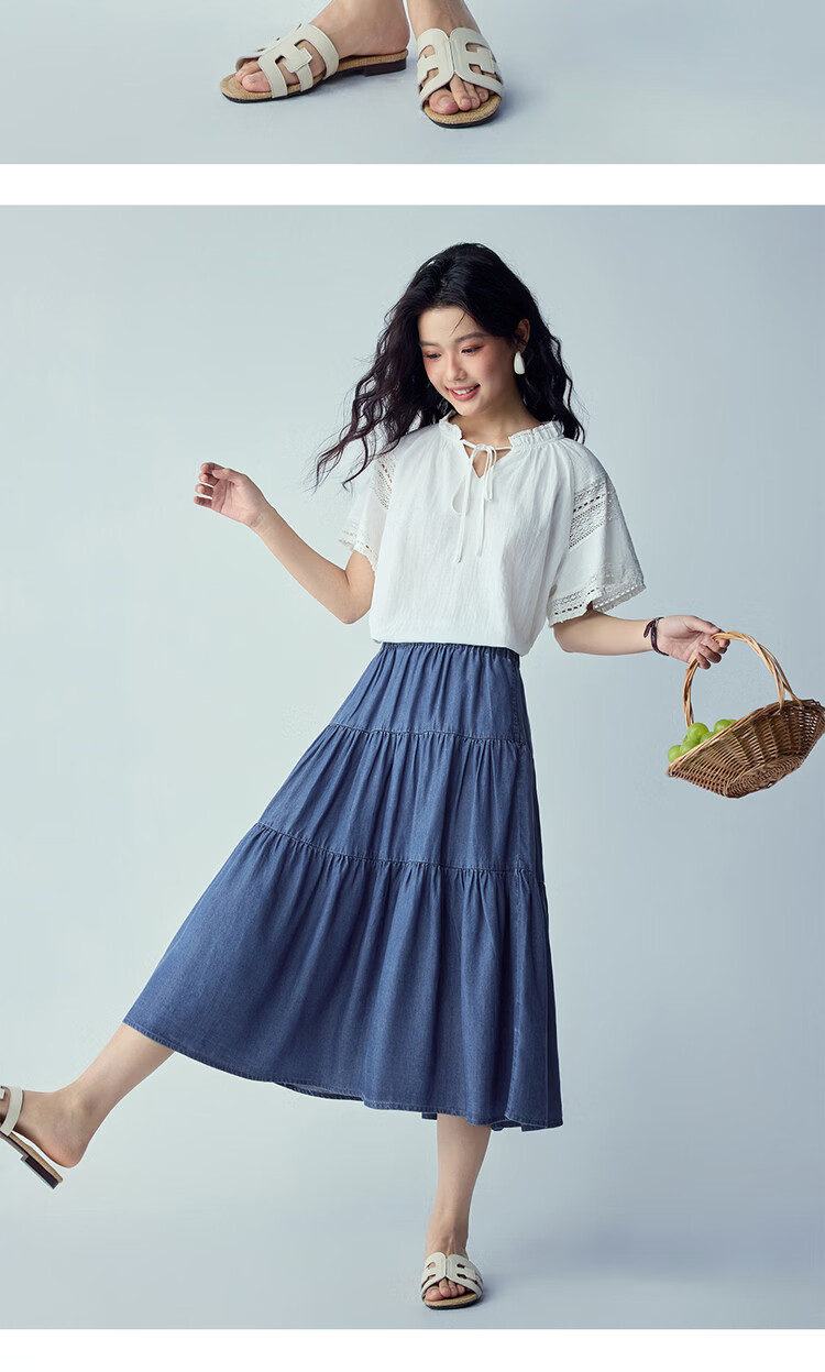 Giordano Women's Skirt 2026 Summer Lyocell Denim Cake Skirt Elastic Waist Mid-Length Skirt 13466220 15