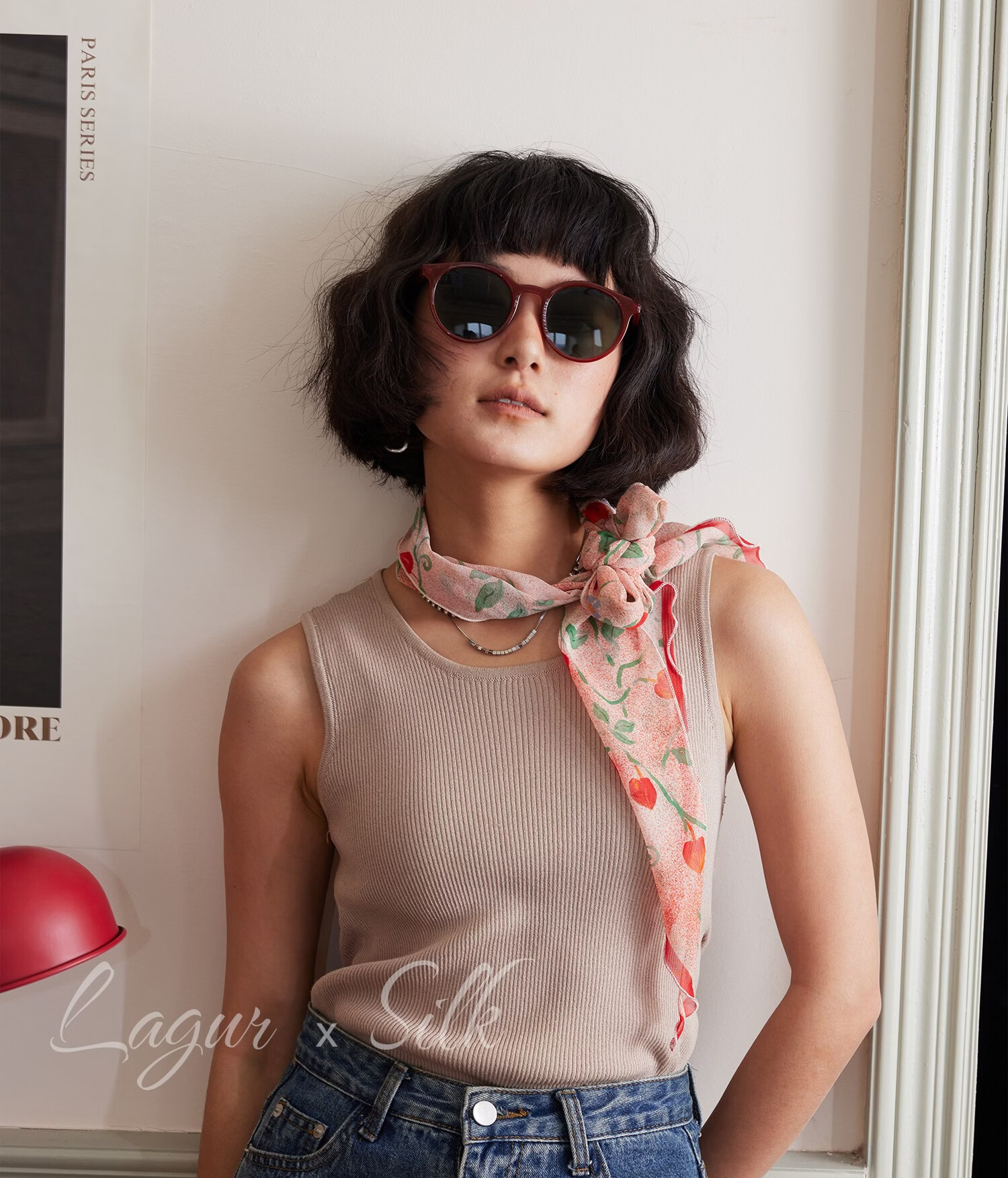 Lagur "Strawberry Dots" Sweet Feel~100% Chiffon Scarf Long Lightweight Women's Strawberry Dot Pattern 24