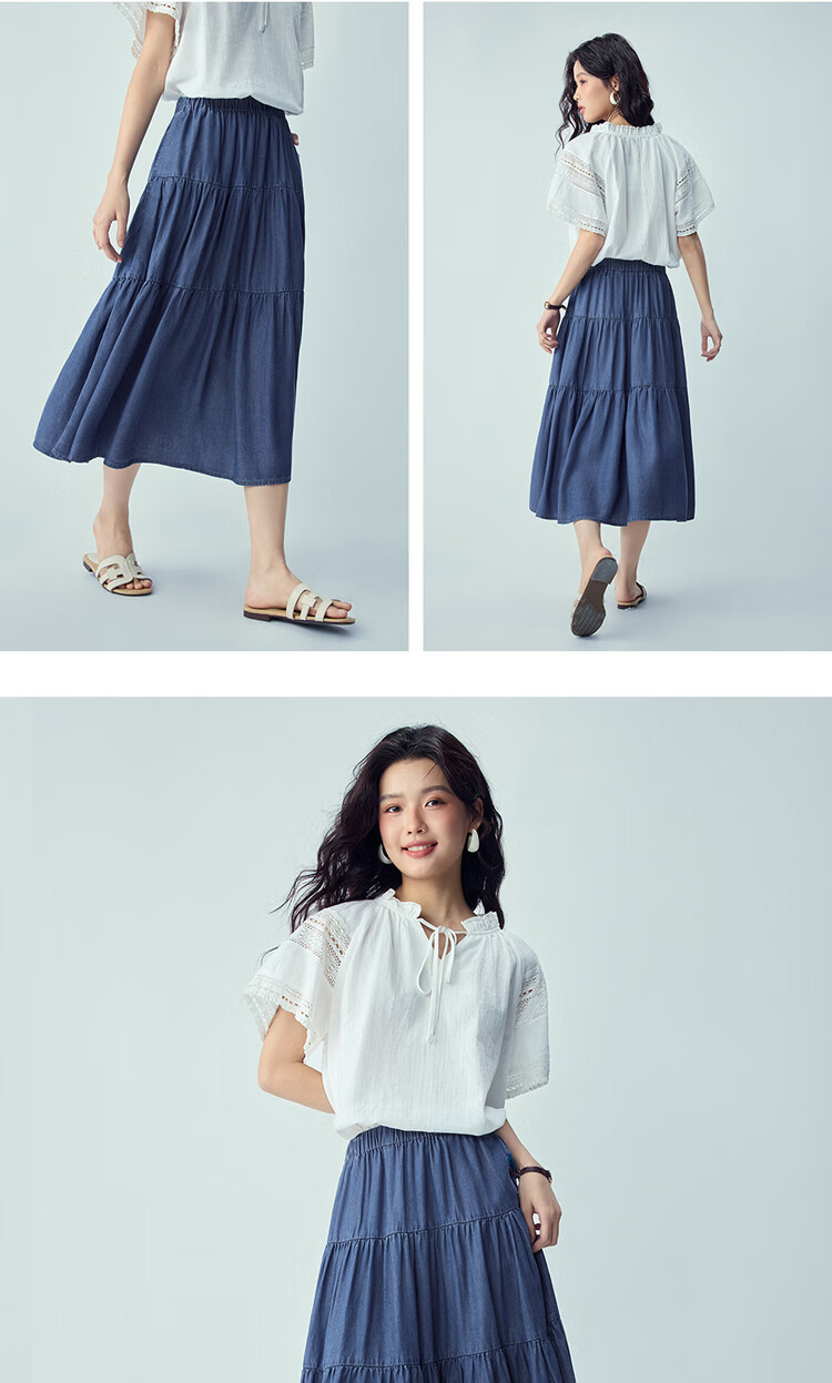 Giordano Women's Skirt 2026 Summer Lyocell Denim Cake Skirt Elastic Waist Mid-Length Skirt 13466220 16