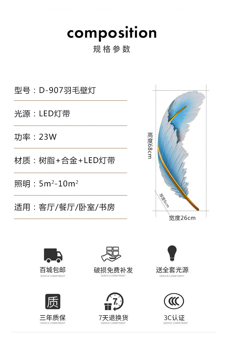 9，奧羅登2024新款奧羅登羽毛壁燈客厛電眡背景牆樓梯玄關裝飾壁掛現代簡約 907羽毛淺藍左邊帶小羽毛 無極調光 新款