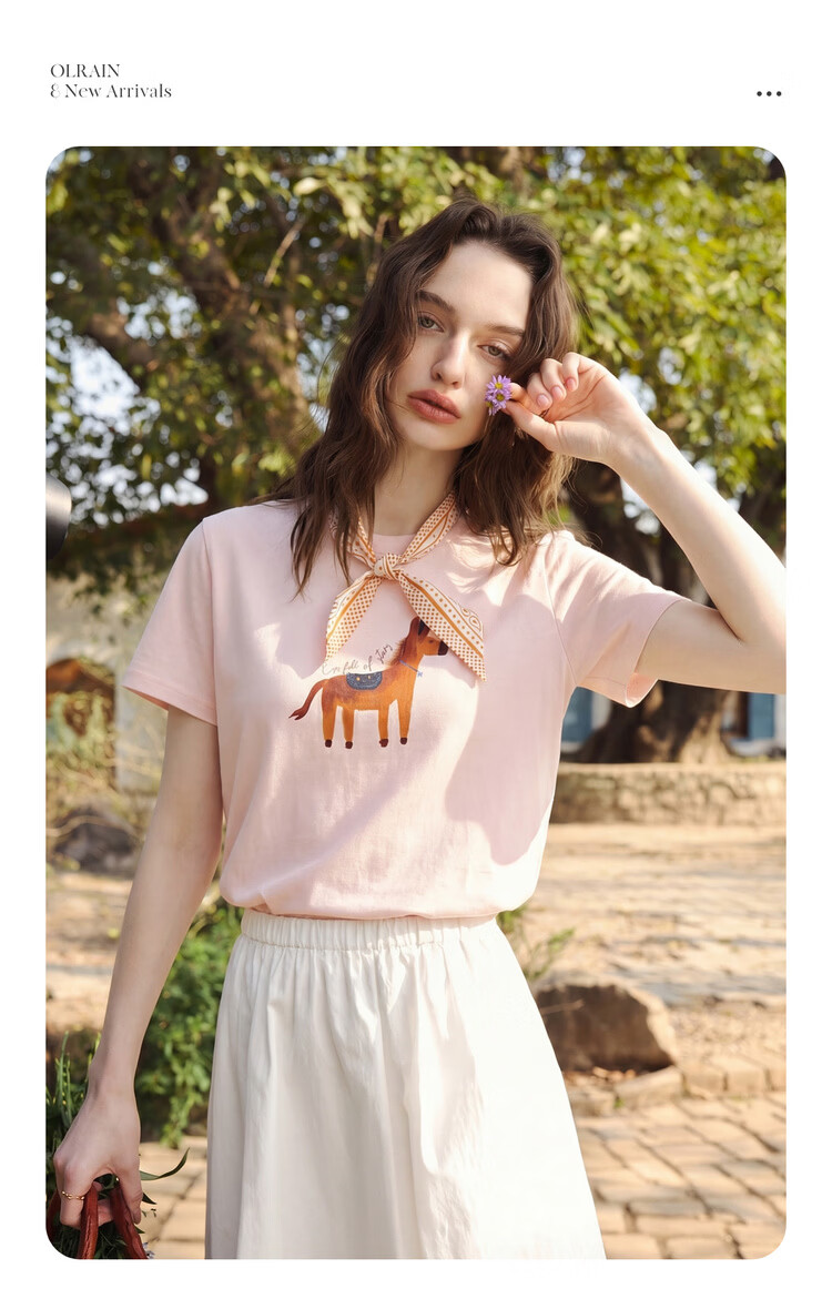 Olrain Eurielle French Style Printed Silk Scarf Short Sleeve T-Shirt Women's Summer Casual Commuting Trendy Top Beige S 2