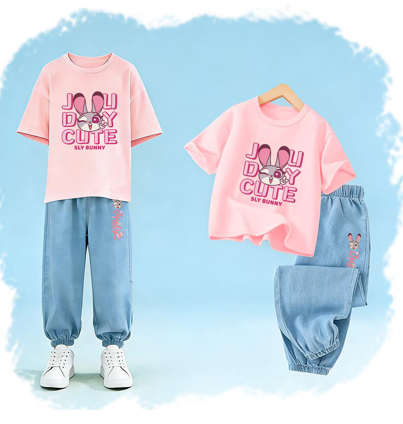 Disney Girls Summer Outfit Short Sleeve Tencel Jeans Judy Officer Blue + Bunny Running Light Blue 120 8