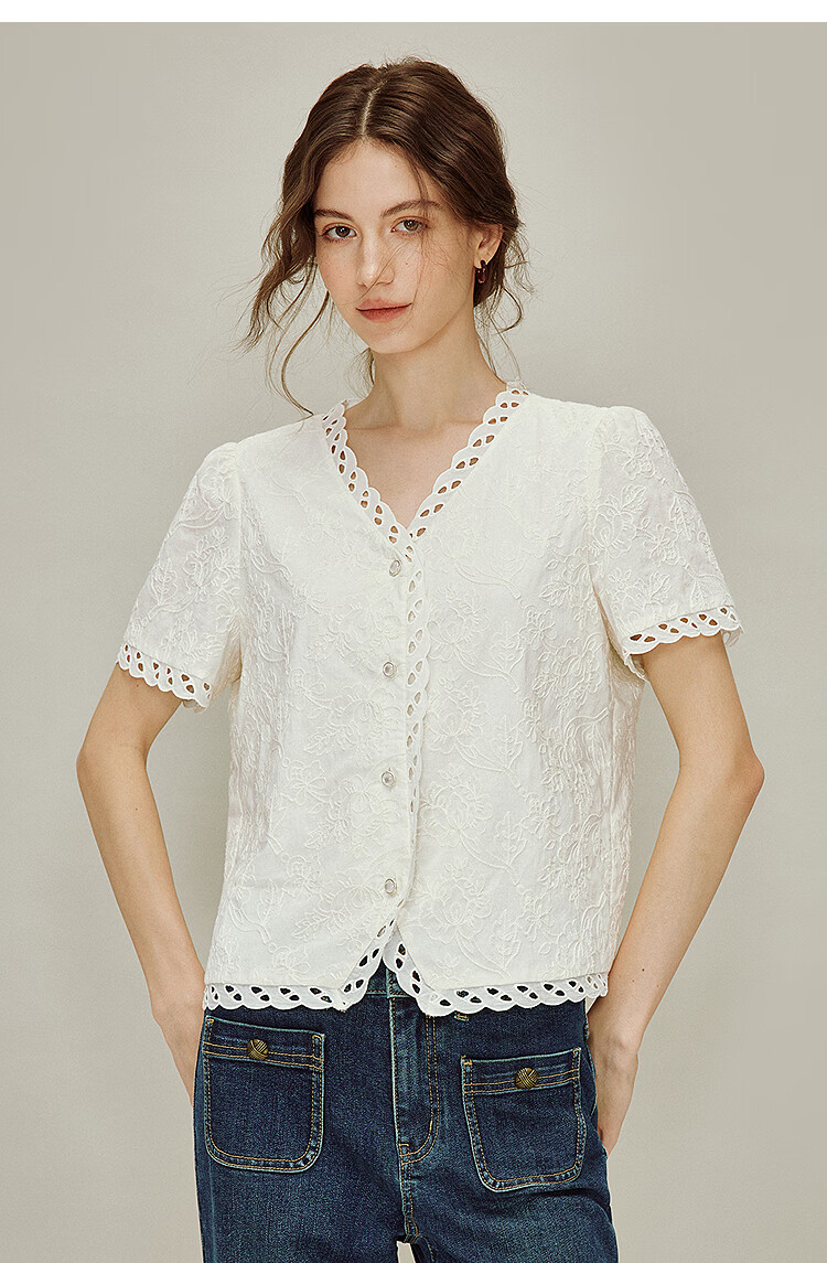 INMAN Embossed Embroidery V-Neck Short Sleeve Lace Blouse 26 Spring New Hollow Out Lace Top Beige L 12
