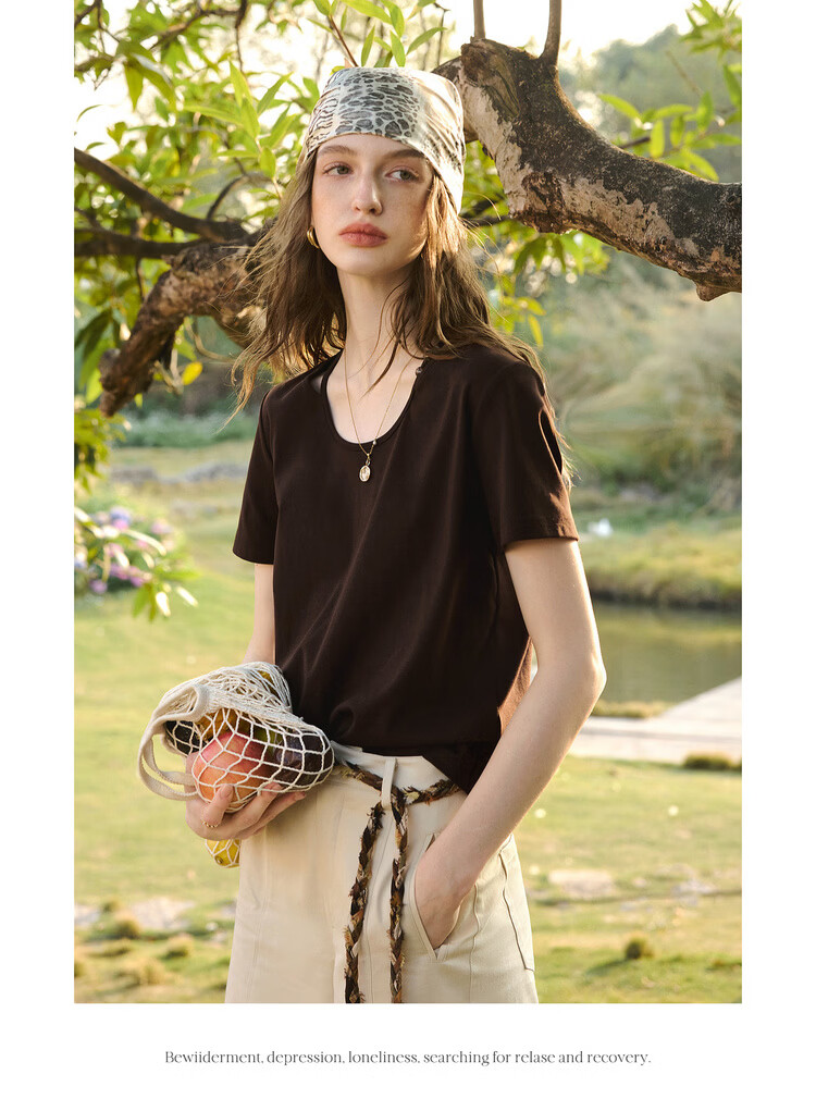 Olrain Eurier Round Neck Beaded Fitted Short Sleeve T-Shirt Women's Summer New Casual Trendy Top Brown S 14