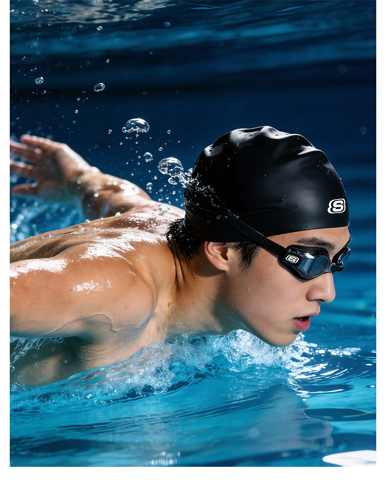 Skechers Unisex Silicone Swim Cap Non-Slip Waterproof Comfortable Long Hair Adult Swimming Cap Matte Black 22