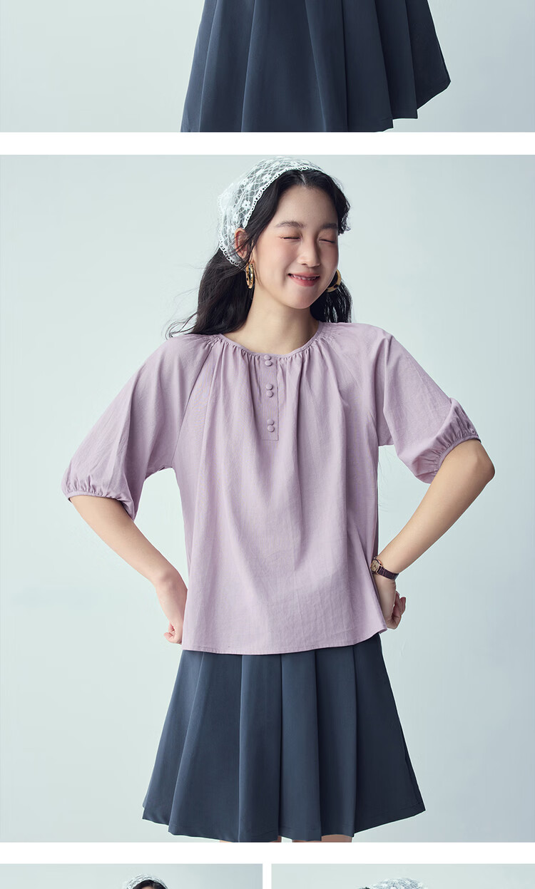Giordano Women's Cotton Linen Shirt 2026 Summer New Loose Pleated Round Neck Raglan Mid Sleeve Shirt 05346461 12
