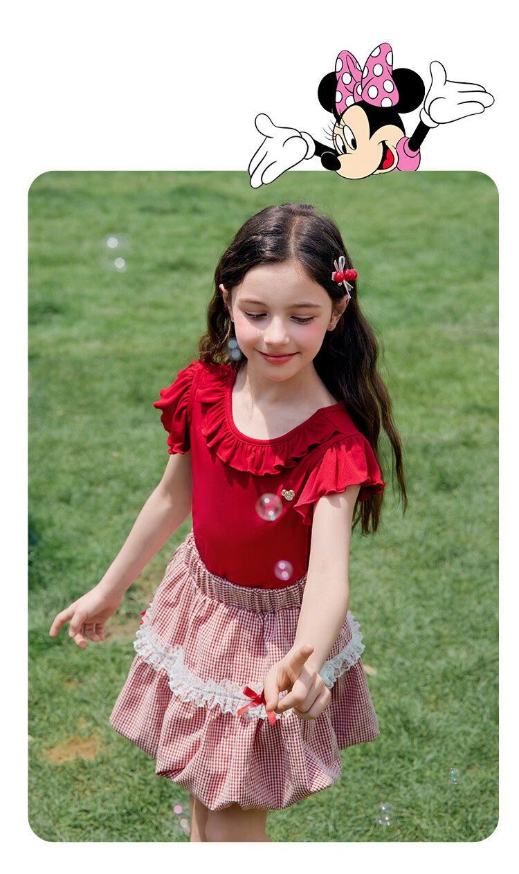 Disney Girls Summer Outfit 2026 New Lace Short Sleeve T-Shirt and Bloomers Skirt Two-Piece Set 12