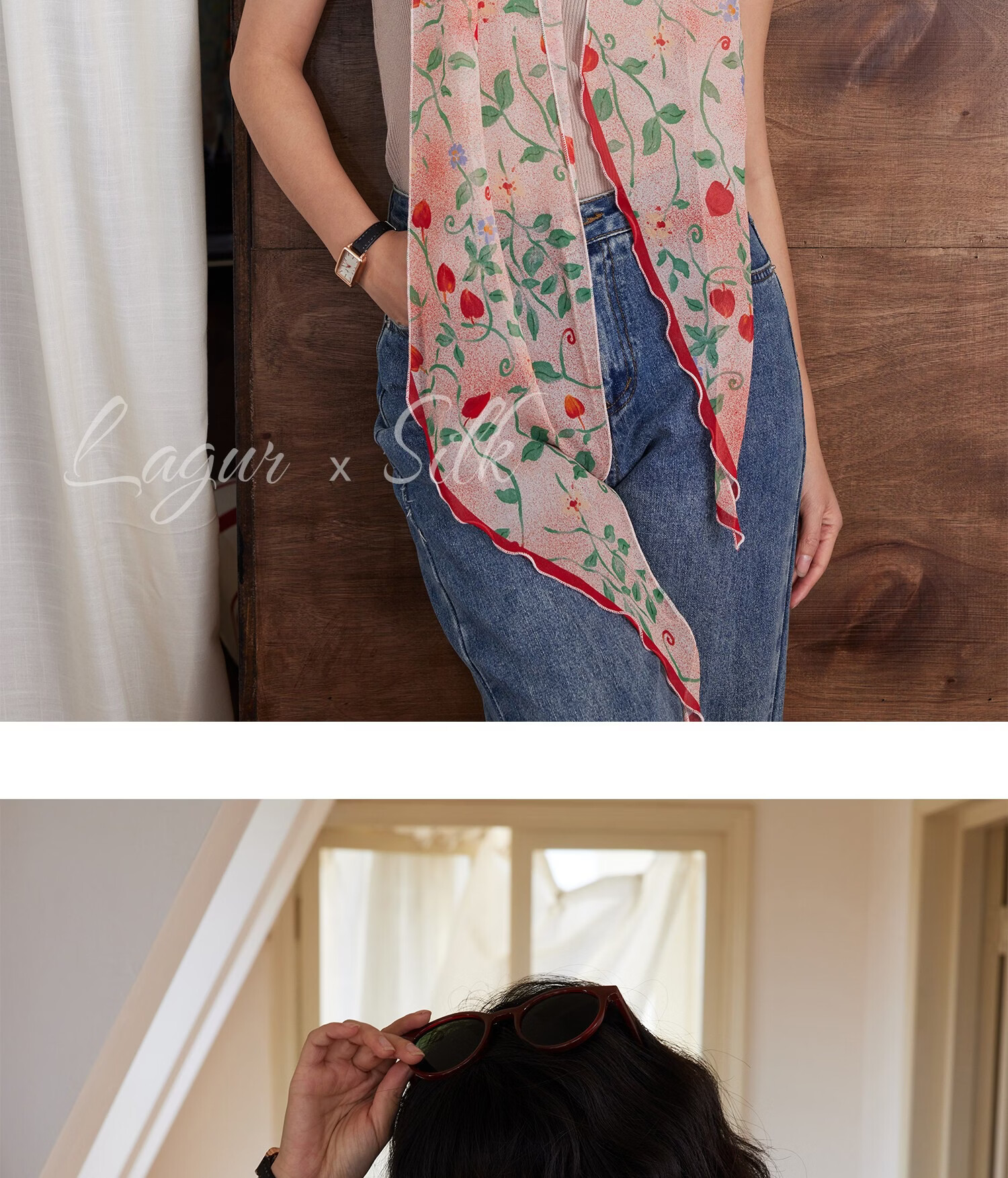Lagur "Strawberry Dots" Sweet Feel~100% Chiffon Scarf Long Lightweight Women's Strawberry Dot Pattern 27