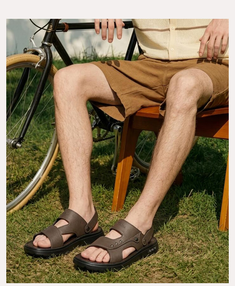 Jingzhenlianggong New Casual Soft Sole Men's Breathable Anti-Slip Sandals Slippers Dark Brown Leather Texture Style Size 40 8