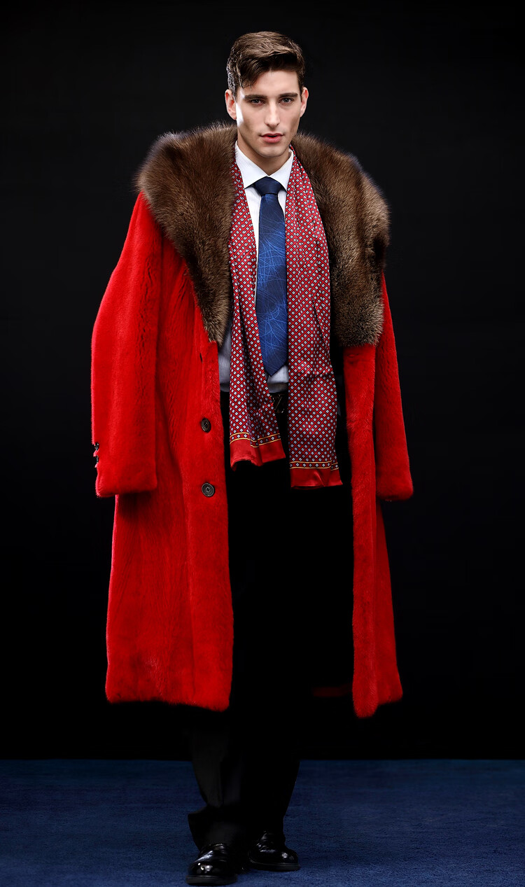七匹狼宝嘉美貂皮整貂皮大衣男进口宝嘉美天鹅绒渔貂毛披肩帽中国红