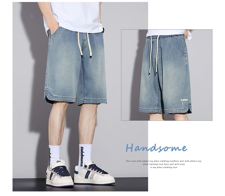 ROMON Tencel Denim Shorts Men Summer Thin Loose Straight Ice Silk Five-Point Pants Vintage Blue L 8