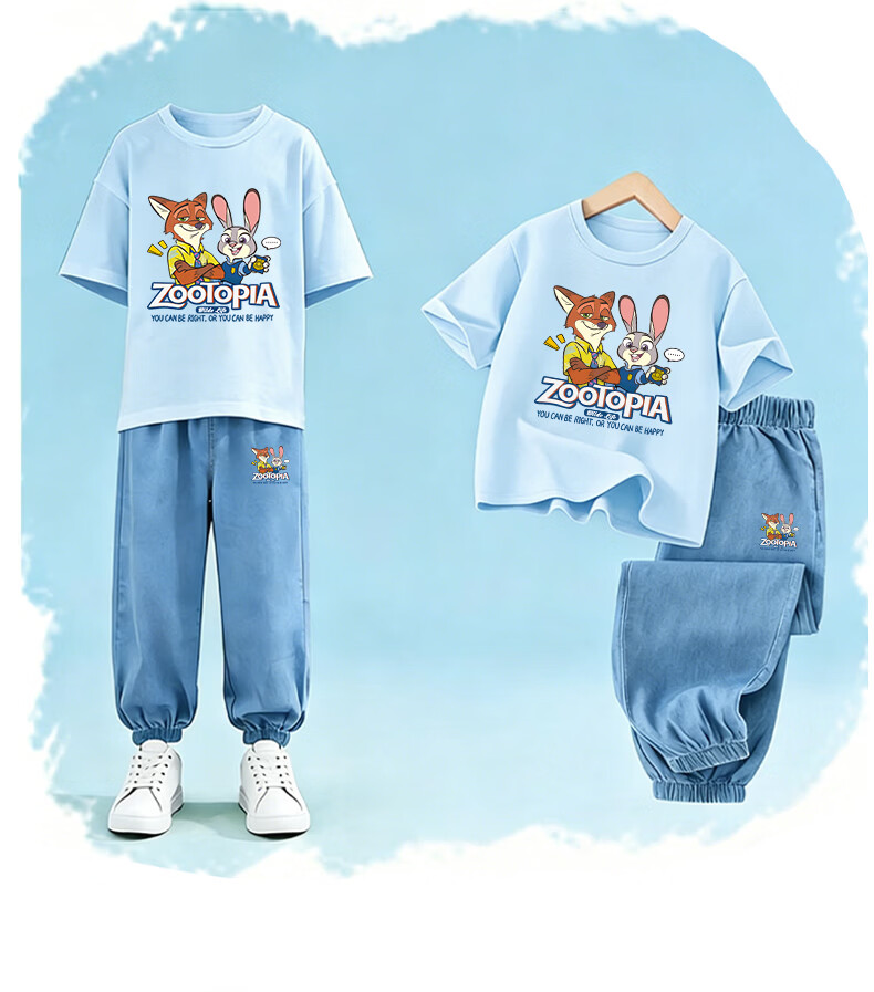 Disney Boys' Short Sleeve Tencel Set Crazy Animals Rabbit Fox Ice Blue T-Shirt + Rabbit Fox Dark Blue Pants Size 110 8