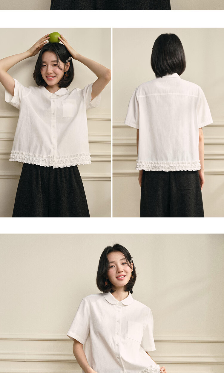 Giordano Designer 2026 Summer Textured Doll Collar Spliced Lace Short Sleeve Shirt for Women 18346304 11