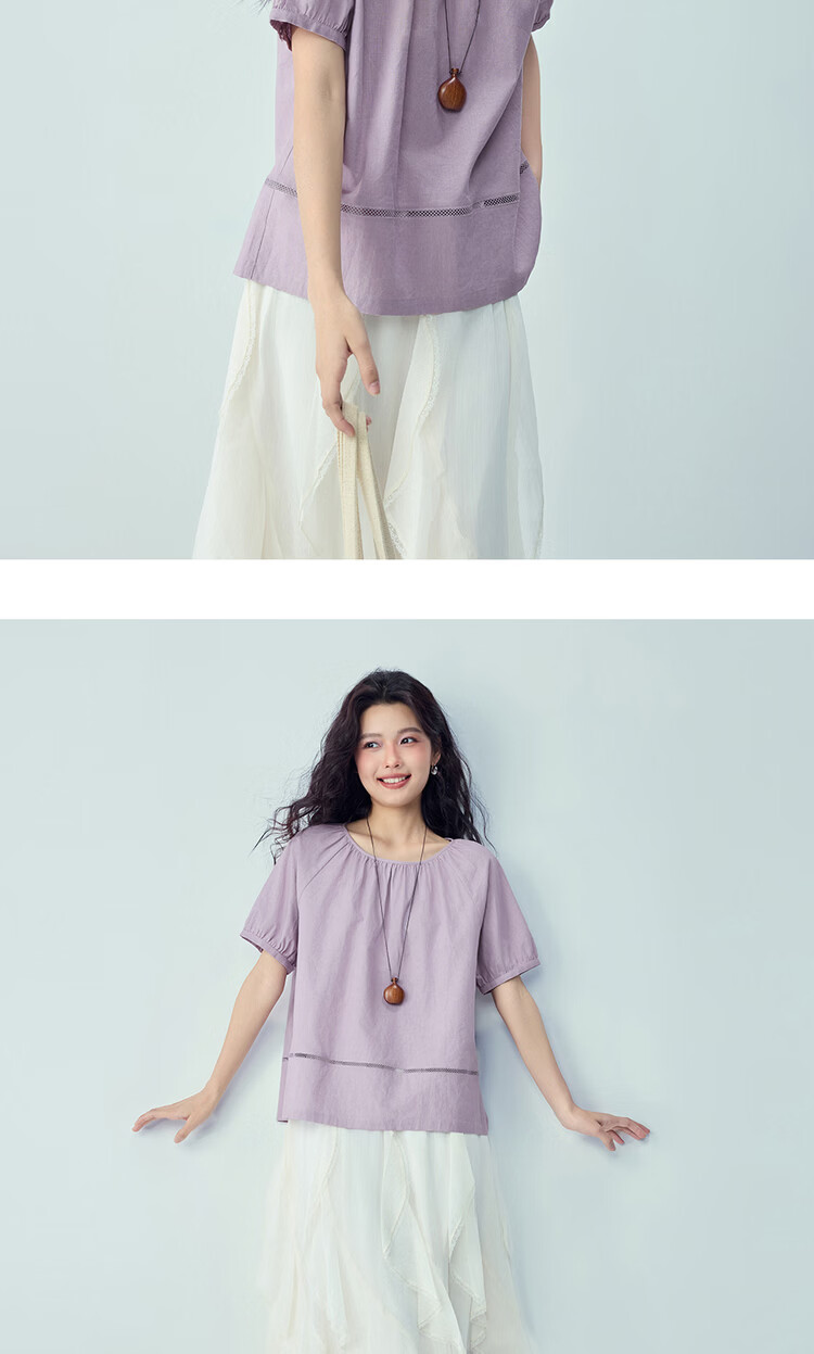 Giordano Women's Summer New Cotton Linen Loose Round Neck Hollow Raglan Short Sleeve Shirt 05346471 12