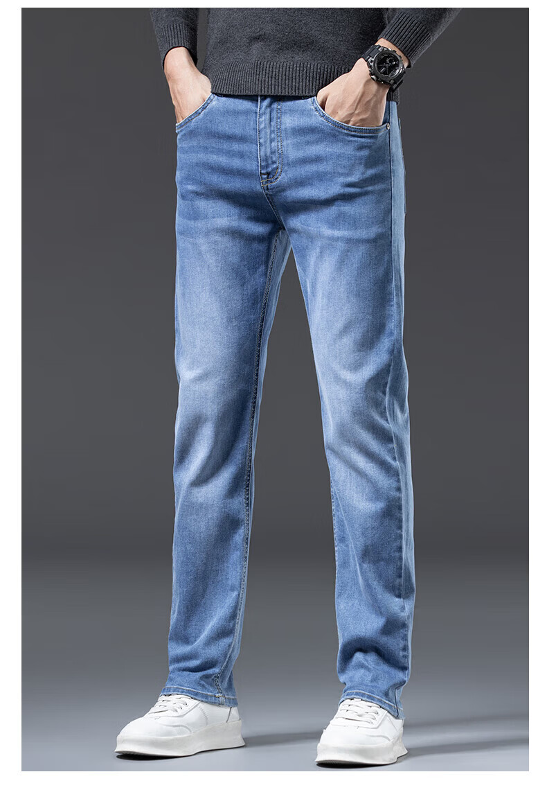Romon [Cotton Stretch Soft] Men's Summer Slim Fit Straight Leg Breathable Elastic Denim Jeans Light Blue 34 9