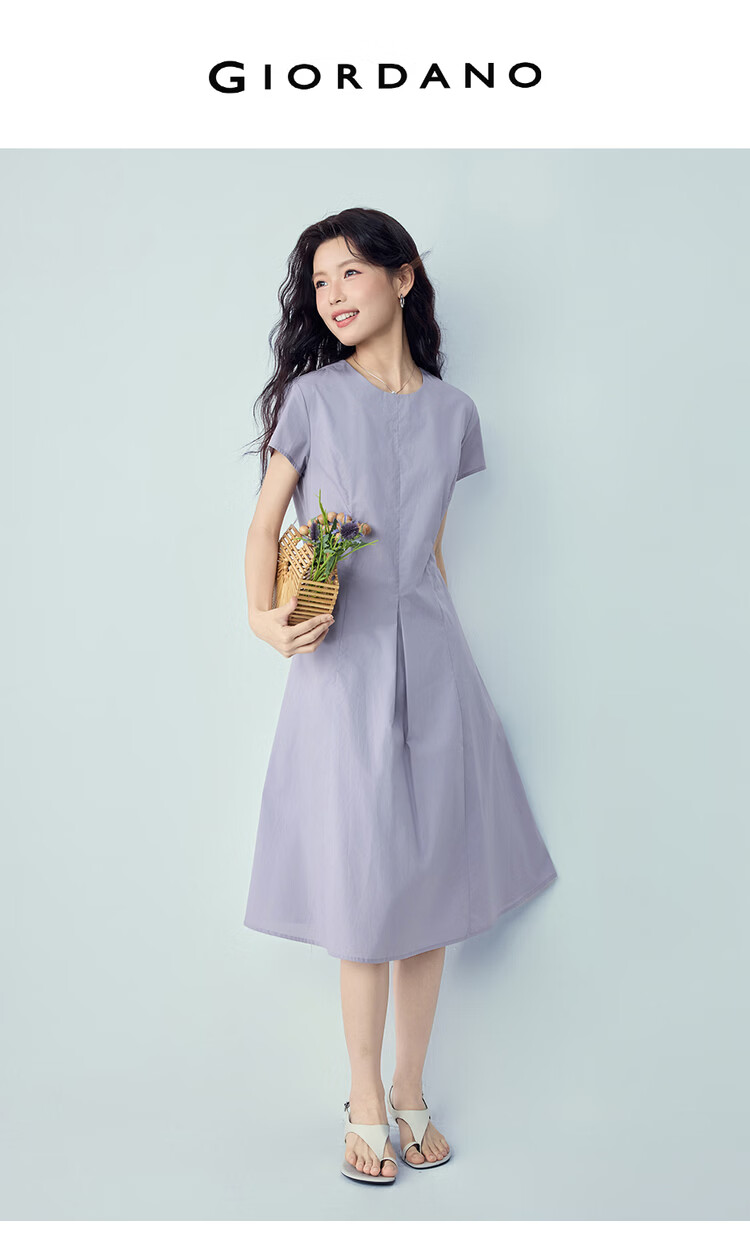 Giordano Women's Dress 2026 Summer New Pure Cotton Solid Color Round Neck Pleated Dress 13466241 3