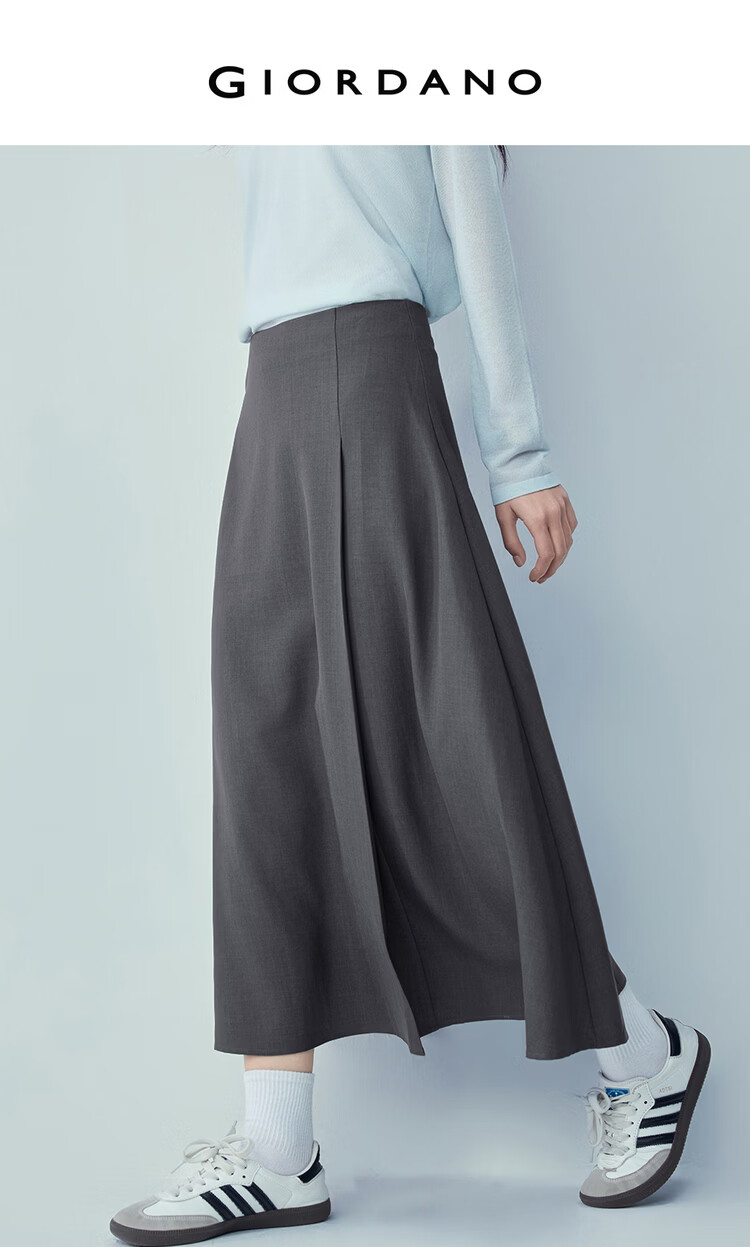 Giordano Women's Skirt 2026 New Solid Color Simple Commuter Pleated A-Line Midi Skirt 13466313 3