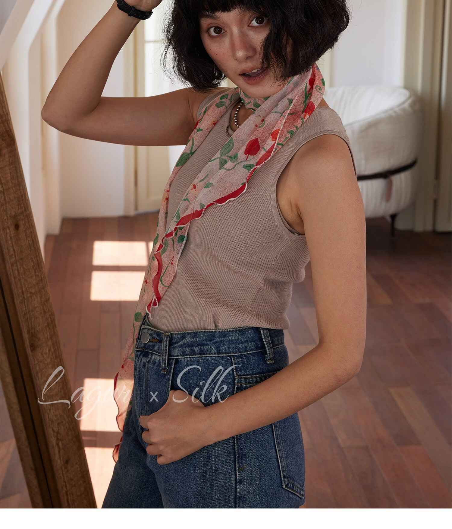Lagur "Strawberry Dots" Sweet Feel~100% Chiffon Scarf Long Lightweight Women's Strawberry Dot Pattern 28