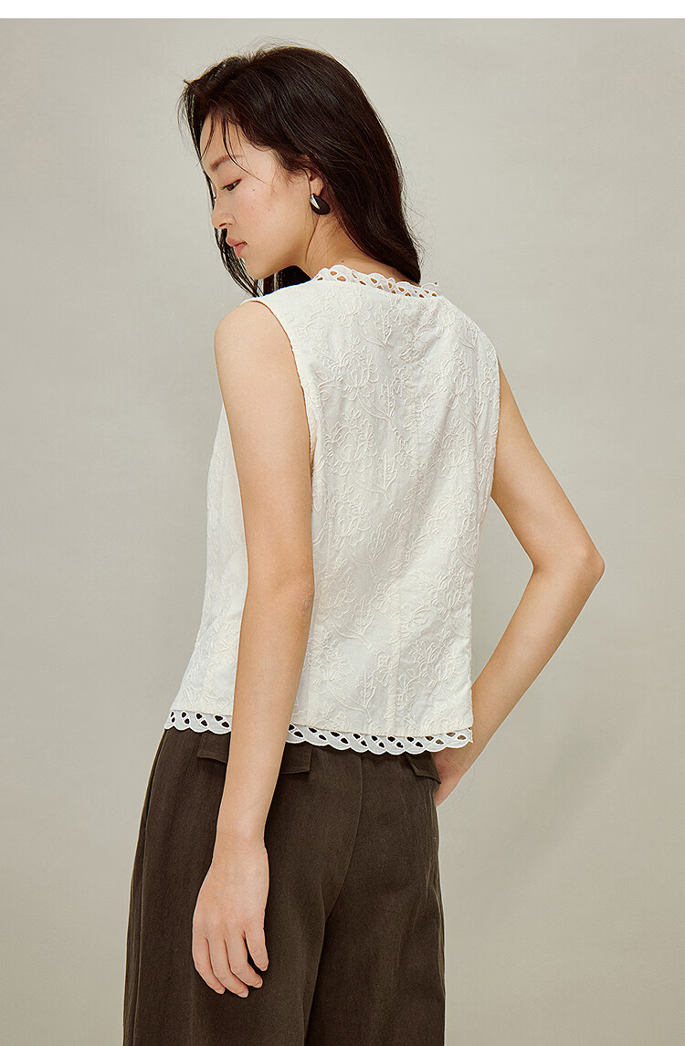 INMAN Embossed Embroidery V-Neck Short Sleeve Lace Blouse 26 Spring New Hollow Out Lace Top Beige L 17