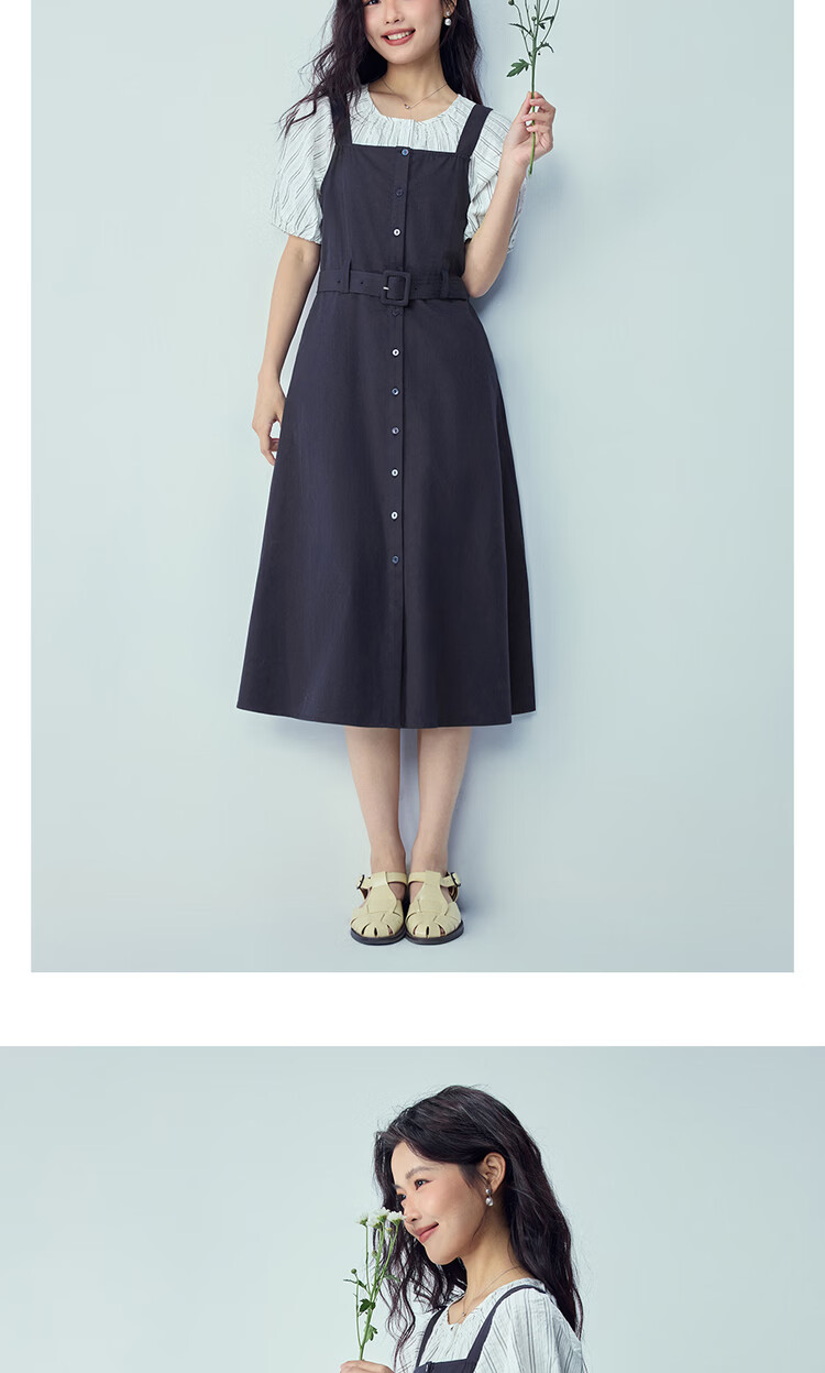 Giordano Women's Sleeveless Dress 2026 Summer Pure Cotton Strap Dress with Belt Square Neck Strap Dress 13466233 17