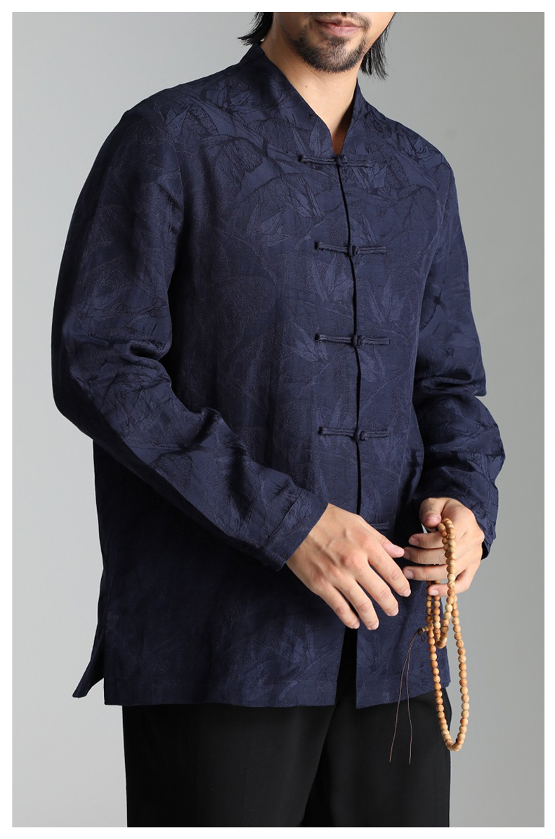 棉麻上衣中式男装中青年爸爸居士服禅服喝茶服华服中国风秋装藏蓝50