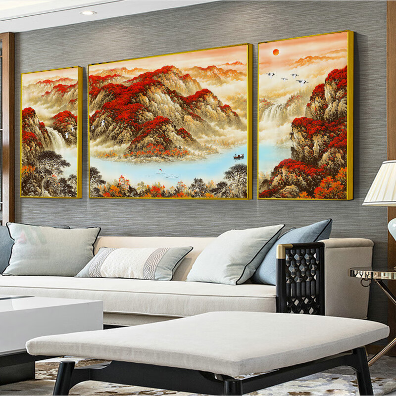 中式客厅装饰画沙发背景墙三联画风水挂画鸿运当头晶瓷壁画山水画 6