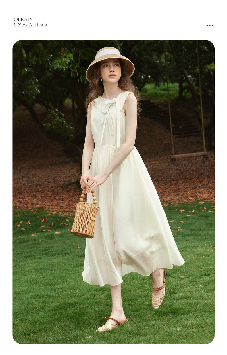 Olrain Eurielle Summer Women's Tencel Cotton Dress Lapel Waist Slimming Elegant Sleeveless Mid-Length Dress Apricot S 2