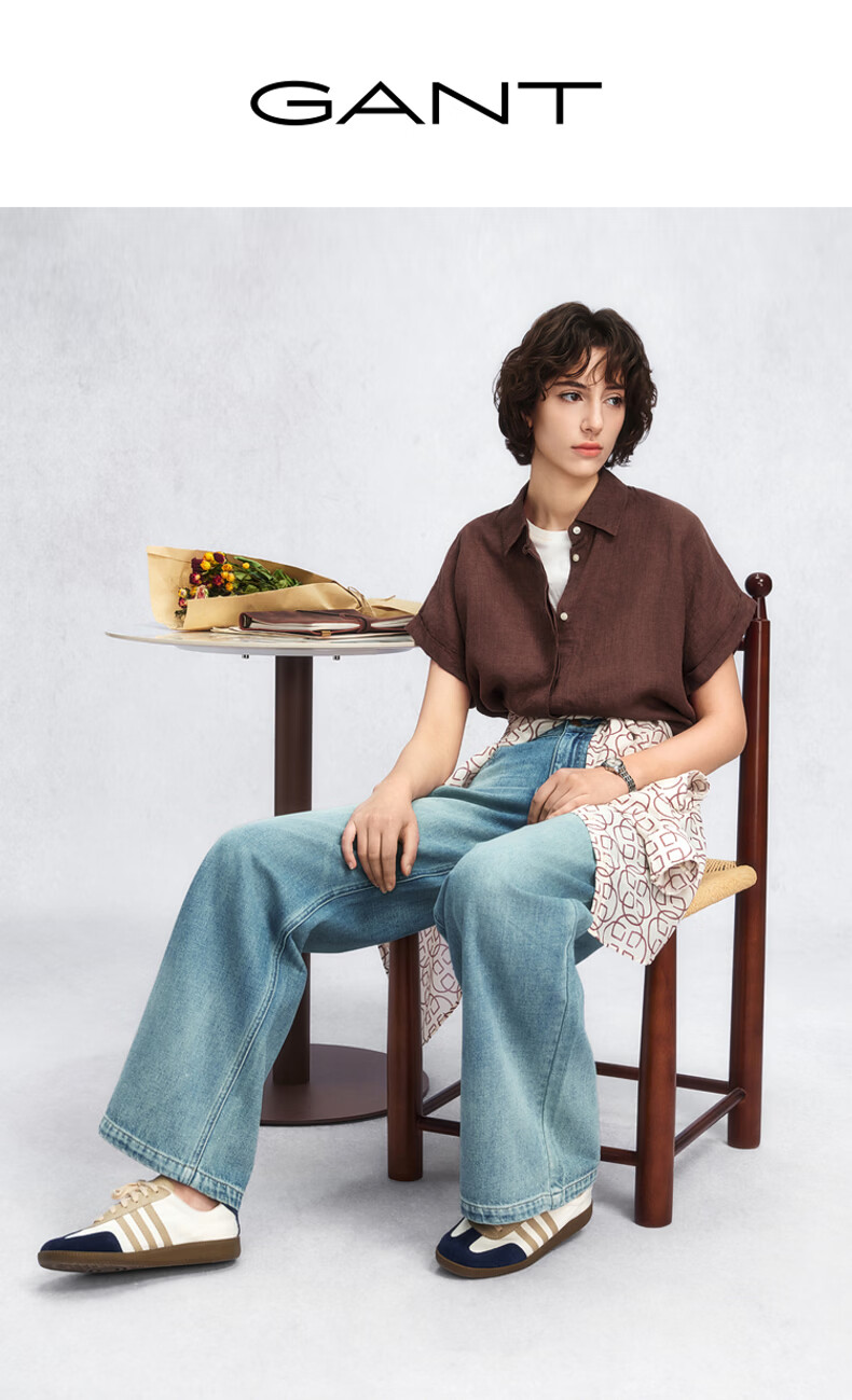 GANT Yuanye Shirt Spring Summer Women's Loose Short Sleeve Linen Shirt Vintage Style Coffee Color M 1