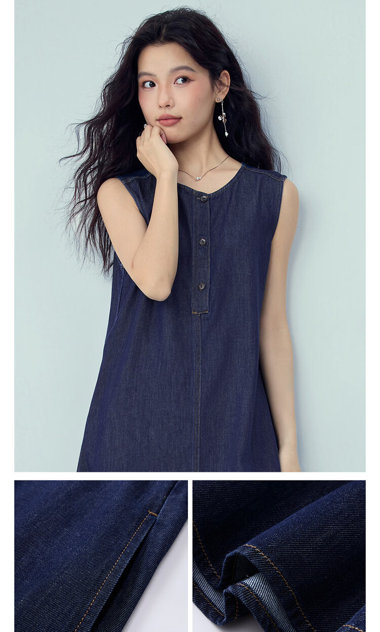 Giordano Women's Sleeveless Dress New Washed Stitching Round Neck Half-Placket Denim Vest Dress 13466278 9